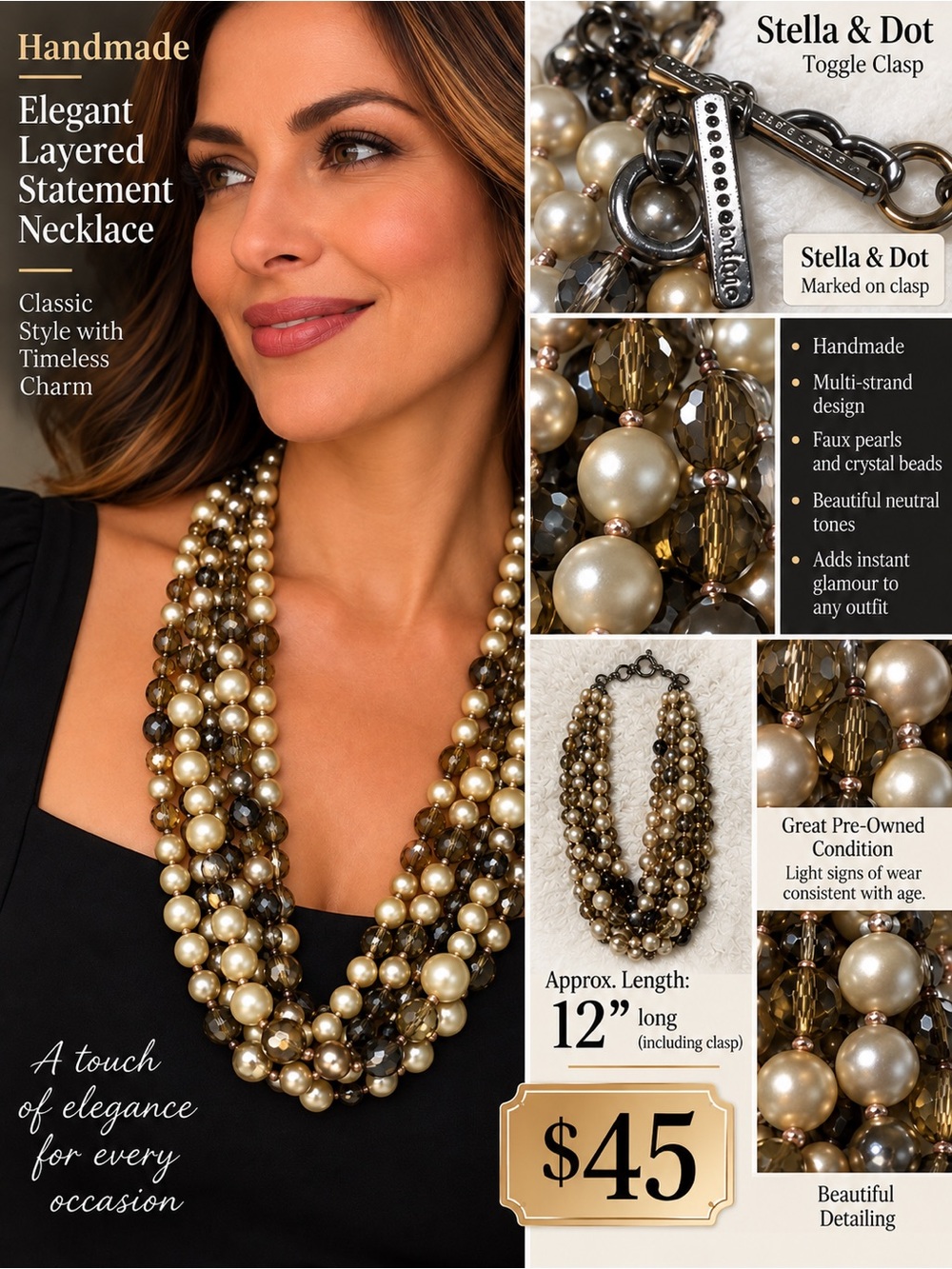 Stella & Dot Champagne and Pearl Multi-Strand Statement Necklace
